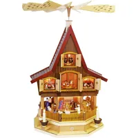 Richard Glässer GmbH Seiffen Richard Glaesser Pyramide Adventshaus bunt mit Heiliger Familie, elektrisch beleuchet und betrieben, aus Seiffen im Erzgebirge