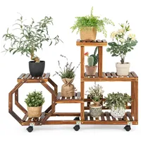 HOMASIS Blumenständer 6 Ebenen, Pflanzenständer Holz, Blumenregal auf Rollen, Pflanzenregal mehrstöckig, Blumentreppe Indoor Outdoor, Pflanzentreppe für Wohnzimmer Balkon Garten (107 x 29 x 74 cm)