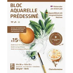 Clairefontaine 5x Aquarellblock 24x30 cm mit vorgezeichneten Motiven, 15 Blatt 300g, Motiv Botanik - 975726C