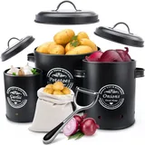 Aufbewahrung Kartoffeln Set,Vorratsdose Kartoffeln, Zwiebeltopf Kartoffeltopf Knoblauchtopf, Großer Vorratsbehälter aus Metall (Schwarz-Set) - Schwarz