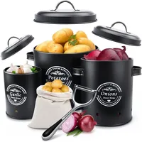 Aufbewahrung Kartoffeln Set,Vorratsdose Kartoffeln, Zwiebeltopf Kartoffeltopf Knoblauchtopf, Großer Vorratsbehälter aus Metall (Schwarz-Set) - Schwarz