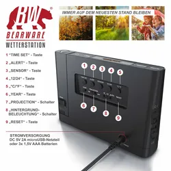 BEARWARE Wetterstation mit Außensensor, Funkwetterstation mit Projektion (um 180° drehbar) & Farbdisplay