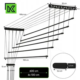 Kadax Deckenwäschetrockner, Wäschetrockner für die Decke 6, Stäbe, 100 cm, schwarz - Schwarz