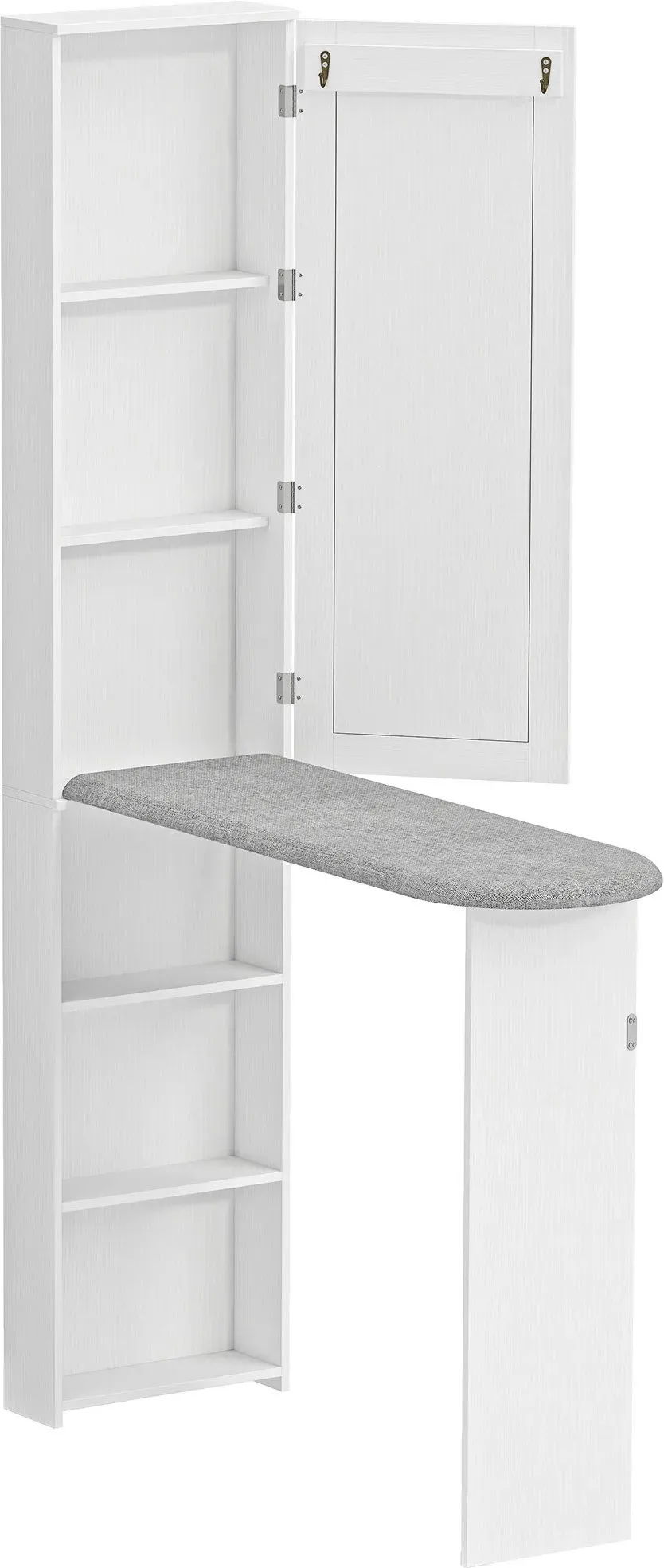HOMCOM Bügelschrank mit Spiegel, Klappbares Bügelbrett, Bügelmöbel mit 6 Fächern, 2 Haken, für kleine Räume, 107x35x174 cm, Weiß   Aosom