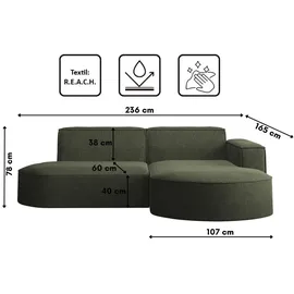 kaiser möbel Ecksofa, Sofa L form, Couch L form MODENA L STUDIO stoff Verita Dunkelgrun Rechts