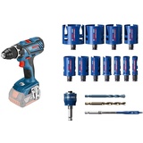 Bosch Professional 18V System Akku Bohrschrauber GSR 18V-28 (max. Schrauben-Ø: 8 mm, ohne Akkus & Ladegerät) + 15 tlg. Expert Construction Material Lochsäge Set (für Weichholz, Ø 20-76 mm, Zubehör)