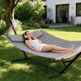 Sekey Hängematte Doppelhängematte mit Kissen bis 200 kg belastbar für 2 Personen XXL Hängesessel für Garten Balkon Camping Outdoor St... - Grau