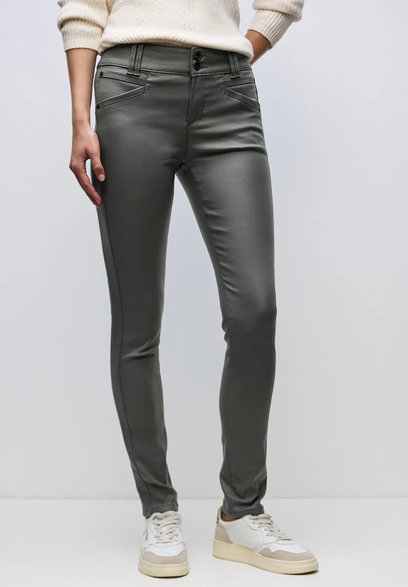 Lederimitathose STREET ONE, Damen, Gr. 34, Länge 32, balsam grün, Stoff, 79% Viskose, 18% Nylon, 3% Elasthan, unifarben, comfort fit normal, Hosen, mit Coating