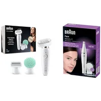 Braun Silk-épil 9 Flex Beauty-Set, Epilierer Damen, 6 Aufsätze, 9020, weiß/gold & FaceSpa Gesichtsepilierer Damen, Gesichtsreinigungsbürste, Haarentfernung und Reinigung, 810, ‎1 stück, weiß/silber