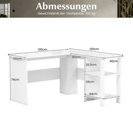 Costway Schreibtisch L-Form, Ecktisch, Computertisch, Weiß