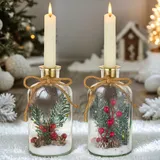 BLOSMON Glasvase mit Kerzenhalter Kunstblumen für Weihnachtsdeko: 2 Stück Weihnachten Kerzenständer Beeren Tannenzapfen für Tischdeko Adventskranz - Glas Stabkerzenhalter Zimmer Deko Geschenke