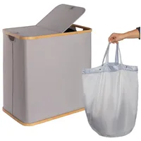 Onvaya Wäschekorb mit Deckel | 2 Fächer | Grau | Wäschesammler fürs Badezimmer | Wäschetruhe aus Bambus-Holz & Oxford-Stoff | Design Wäschebox | Wäsch