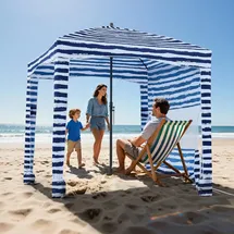 Vevor Strand-Cabana, 183 x 183 cm Strandüberdachung mit Seitenwand, UPF 50+ Sonnenschutz, Strandpavillon mit Sandsäcken, tragbarer Sonnenschutz Sonnenschirm für Familie Freunde marineblaue Streifen