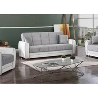 Dmora - 3-Sitzer Schlafsofa Luis, Sofa mit Stauraum aus Öko-Leder und Stoff, Wohnzimmersofa mit Klick-Klack-Öffnung, 220 x 84 x 91 cm, Weiß und Grau