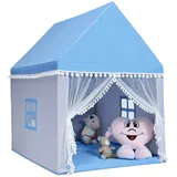 Costway - Kinderspielhaus Kinderzelt Spielhaus Prinzess Prinzessin, Kinderspielzelt Stoffzelt Mit Massivholzrahmen & Baumwolldecke, Kinderspielburg Für Jungen Maerchen 120x105x140cm Blau