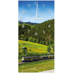 Wallario Wanduhr Eisenbahn in einer Sommerlandschaft in der Schweiz (Glasuhr) gelb 30 cm x 60 cm