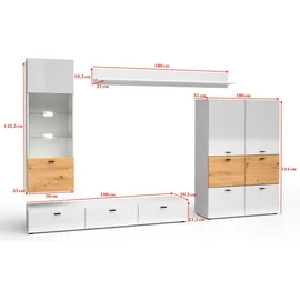 Feldmann-Wohnen Wohnwand, Weiß Hochglanz, Braun, Holz, 11 Fächer, 1 Schubladen, Rechteckig, 300x144x40 cm, Wohnzimmer, Wohnwände, Wohnwand-Sets