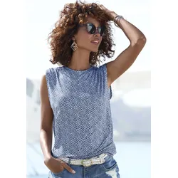 Shirttop LASCANA, Damen, Gr. 40/42, blau (blau bedruckt), Jersey, Obermaterial: 100% Viskose, bedruckt, modisch, figurumspielend hüftlang, Rundhals, ohne Ärmel, Tops, mit Alloverdruck, lockere Passform, modisch, ohne Ärmel