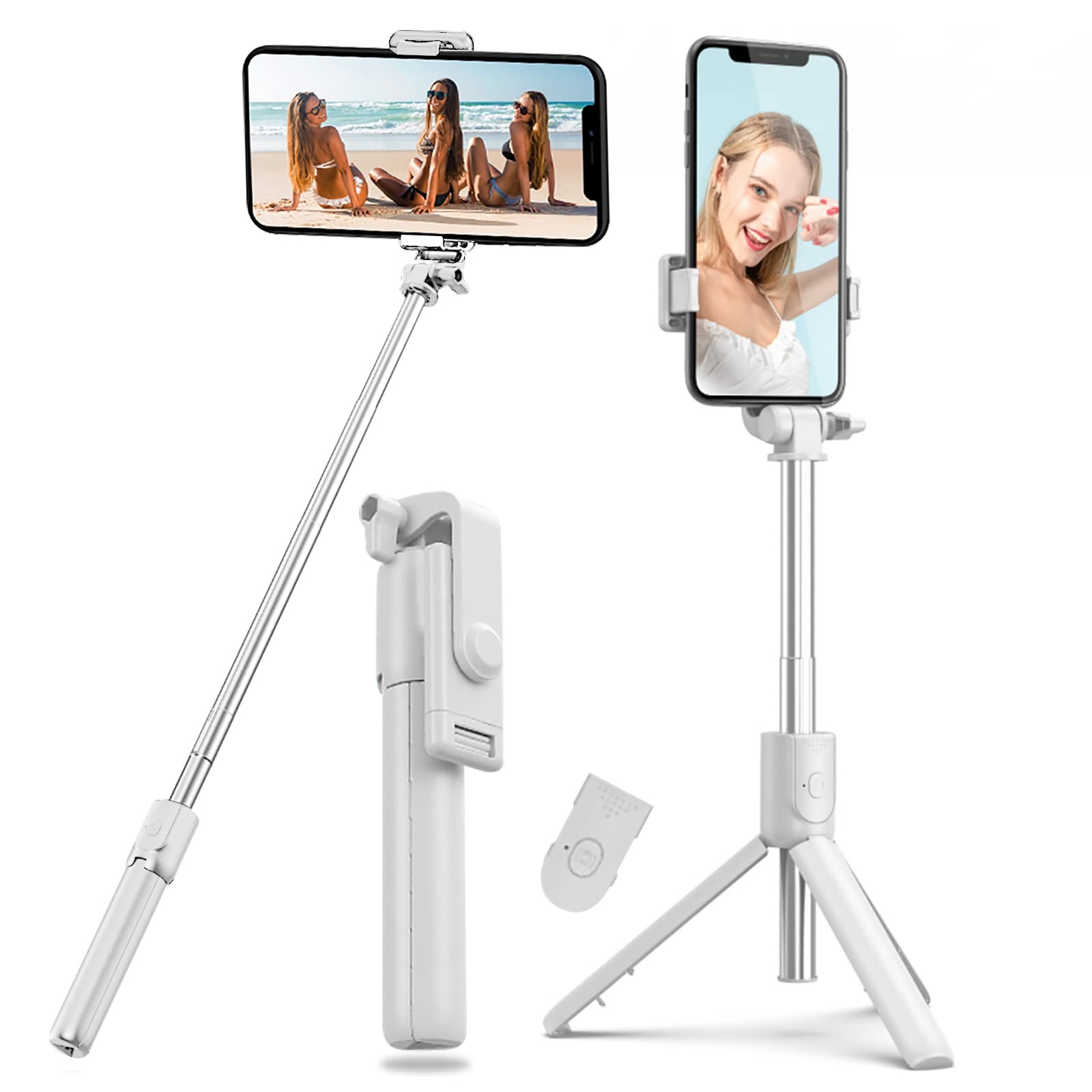 Selfie Stick Bluetooth Handy, Tripod stativ,4 in 1 Selfie Stange aus Aluminium Erweiterbar mit Kabelloser Fernbedienung um 360° Drehbar für iPhone Android Samsung Zoll Smartphones (weiß)