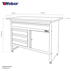 Weber-Werke Weber Werkbank 120x60 cm mit Holzarbeitsplatte – stabile Werkstattbank mit Schubladen & abschließbarem Fach 300 kg Tragkraft
