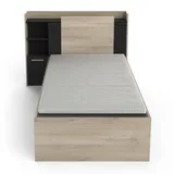 Demeyere Lit 90x190/200 Avec Rangement 1 Porte 3 Niches 1 tiroir – Noir Mat und Chêne Clair -124,5 x 226,9 x 90,5 cm, Eichenbürste/Mattschwarz, Eichenbürste/Mattschwarz