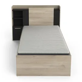 Demeyere Lit 90x190/200 Avec Rangement 1 Porte 3 Niches 1 tiroir – Noir Mat und Chêne Clair -124,5 x 226,9 x 90,5 cm, Eichenbürste/Mattschwarz, Eichenbürste/Mattschwarz