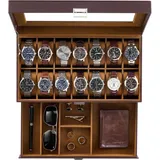 LuxusKollektion Uhrenbox Uhrenbox 14 Fächer Glasdeckel 2 Ebenen Uhrenkissen 14-Slot Espresso braun