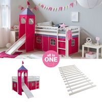 Hochbett Kinder 90x200 mit Rutsche Turm Bett Gestell Lattenrost Pink Homestyle4u