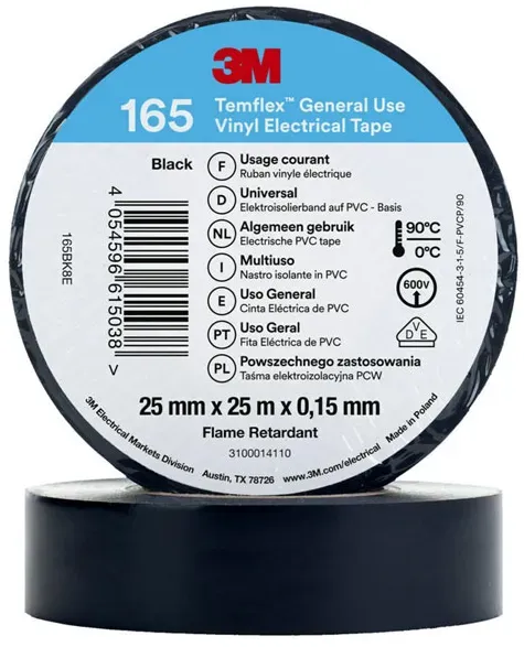 3M Temflex 165 Vinyl Elektro-Isolierband, 25mm breit, 25m lang,schwarz