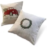 Loberon Kissenhülle 2er Set Camon, nostalgische Prints, Adventskranz/Auto mit Weihnachtsbaum, weihnachtliche Textilien, Weihnachtsstimmung, Weihnachtsdeko, Weihnachten, Leinen, beige/rot