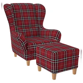 Supellex Ohrensessel Sofia Oxford kariert Rot 70 x 100 x 80 cm Rot mit Hocker