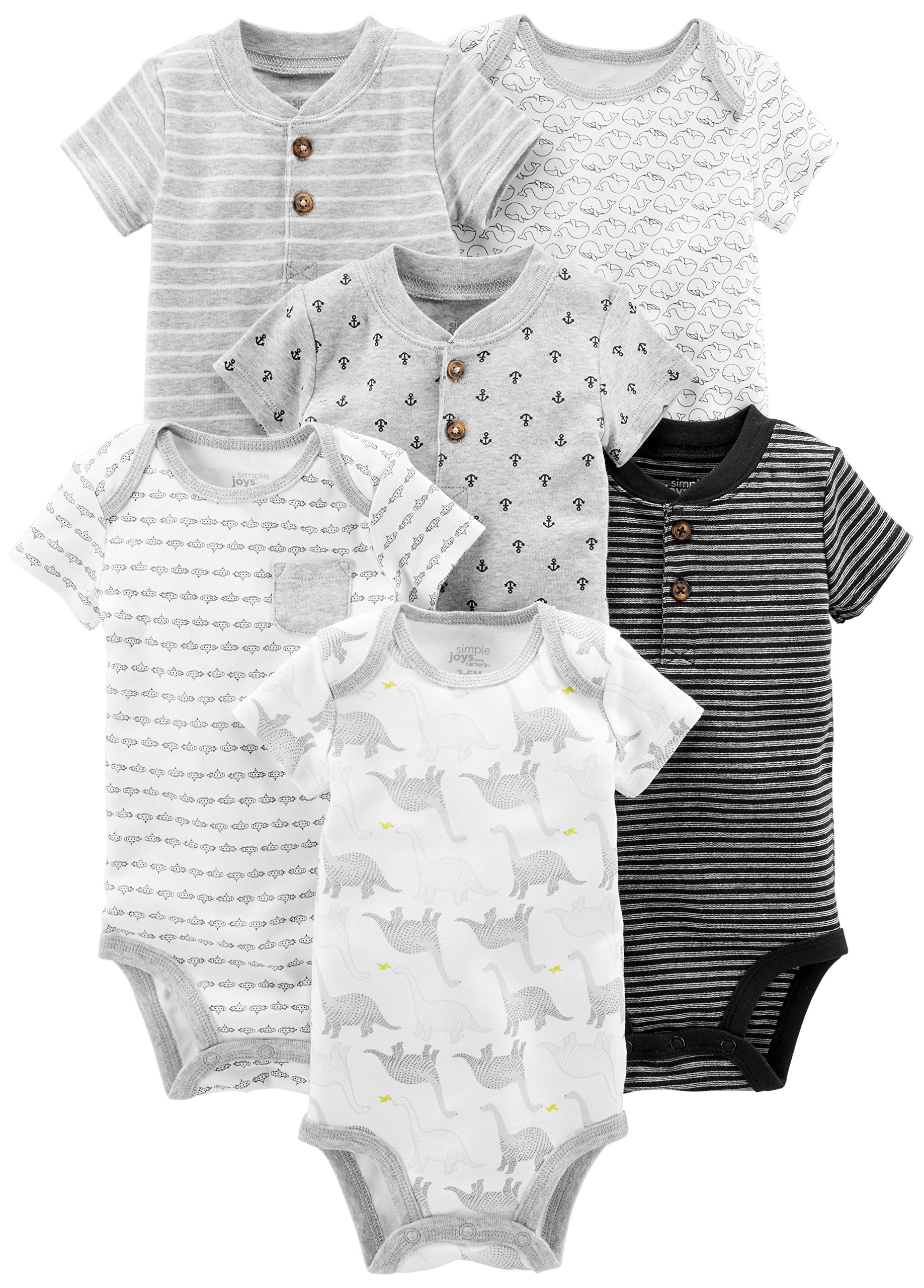 Simple Joys by Carter's Baby-Jungen Short Sleeve Bodysuit Body, Mehrfarbig/Anker/Dinosaurier/Streifen/Wal, 0 Monate (6er Pack)