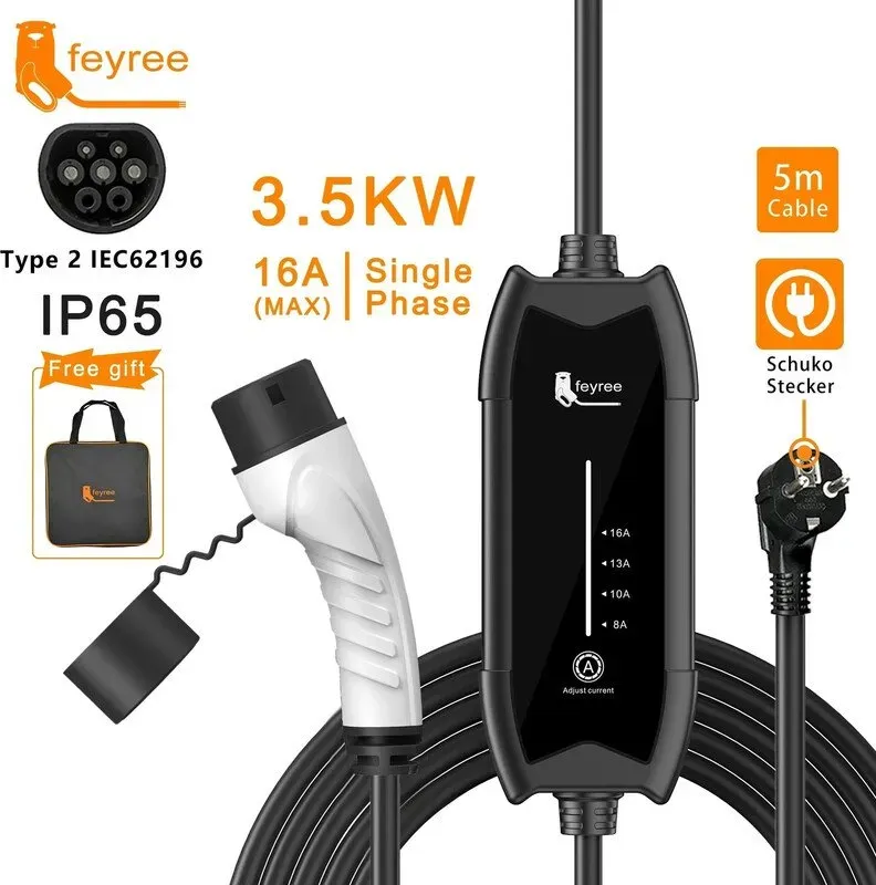 feyree Typ 2 3,5 kW, 16 A, 1‐Phasen, tragbare EV‐Ladestation, stromverstellbar, 5‐m‐Kabel, Ladestation für Elektrofahrzeug