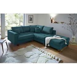 Ecksofa HOME AFFAIRE "Rice L-Form inkl. Hocker", blau (petrol), B:216cm H:42cm T:185cm, 100%Polyester, Sofas, mit Bonnellfederkern, Hocker & Kissen, Ottomane beidseitig montierbar