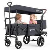Sekey Bollerwagen Faltbar mit Dach, Kinder Bollerwagen mit XXL Rädern (Ø 24/20 cm) für 1–2 Kinder, Federung & Kugellager, gepolstert & komfortabel, Schiebe- und Ziehgriff, SS8080, Schwarz