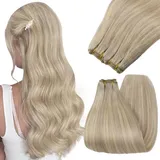 Echthaar Tressen zum Einnahen Blond Haartressen Echthaar Tressen Echthaar Blond 35cm Weave Extensions Echthaar Aschblond mit Platinblond Weft Tressen Remy Echthaar Tressen Blond 100g #18/613