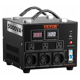 Vevor 5000W Spannungswandler Transformator AC 110V⇋220V Transformer Wandler 3x US NEMA 5-15R 3-polige / 3x europäische Shucko-Ausgangssteckdosen, 1x 5V-USB-Anschluss und 1x Typ-C-Buchse