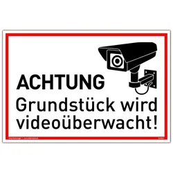 Schild Achtung Grundstück wird videoüberwacht! weiß | stabiles Alu Schild mit UV-Schutz 30 x 20 cm