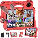 SUAAT Kinder Tablet 9 Zoll Android 15 mit 30GB ROM+TF 2TB, 5G WiFi, Octa-Core, Widevine L1, GPS, Face ID, Kindersicherung, 5000mAh,1340 * 800,BT 5.0, Kids Tablet mit Eva Case - Rot