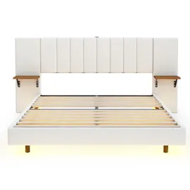 XDOVET Polsterbett mit Seitlichen Ablagen USB-Ladeanschluss und LED-Leiste Doppelbett Flachbett Verdecktes Fußteil Leinenstoff 160*200 cm Beige - Beige