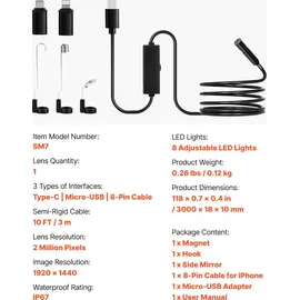 Vevor Endoskopkamera mit Licht, 1920P HD-Endoskop für Android & iOS, Inspektionskamera mit 8 LED-Leuchten & 3 m langem Kabel, 2-facher Zoom