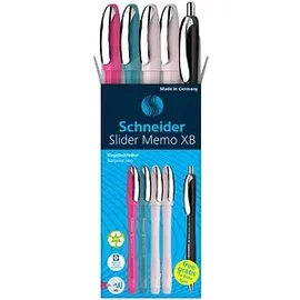 Schneider Kugelschreiber Slider Memo farbsortiert, Schreibfarbe: blau, 4 St. + GRATIS Schneider Kugelschreiber Slider Rave XB black