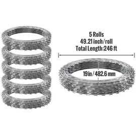 Vevor Natodraht 75 m (5 Rollen x 15 m) Stacheldraht Spirale Sperrdraht Stacheldrahtzaun (0,51 mm) scharfe Klingen und (ca. 4 mm) dicke Kerndrähte
