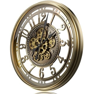 TOKTEKK 76,2 cm große Wanduhr mit echten beweglichen Zahnrädern, Moderne dekorative Metalluhren für Wohnzimmer-Dekor, übergroße industrielle Steampunk-Wandkunstuhr, arabische Ziffern, Vintage, Gold