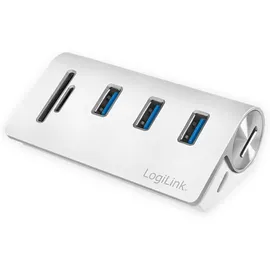 Logilink CR0045 3+2 Port USB 3.0 Hub (3-Port) mit Kartenleser für SD - Micro-SD Speicherkarten, Aluminiumgehäuse, mit eingebautem SD-Kartenleser Silber