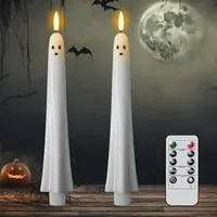 flammenlose Halloween-Geister-Stabkerzen, gruselige weiße Geister-LED-Kerzen mit Fernbedienung und Timer, flackernde Halloween-Kerze, gruselige