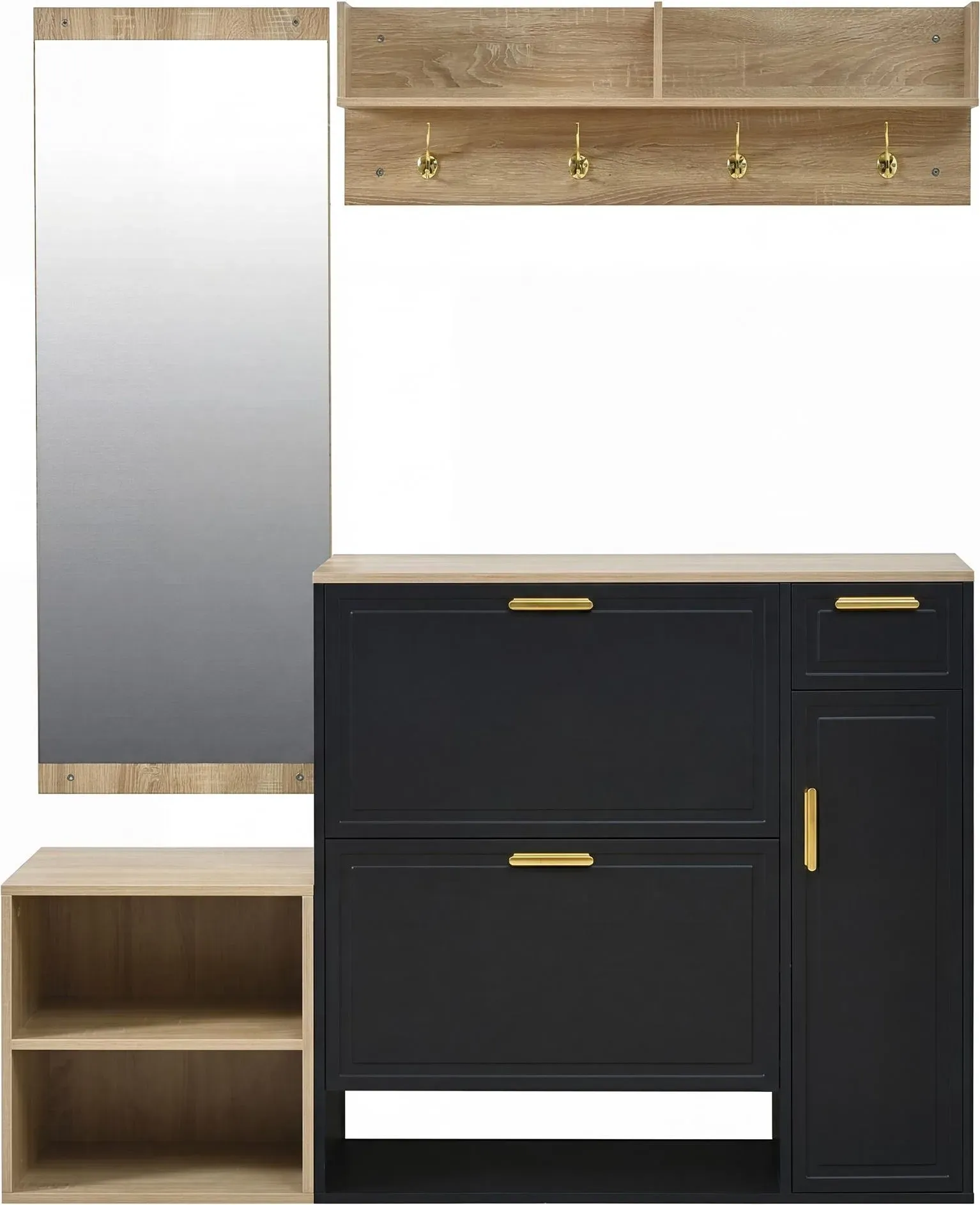 4-teiliges Garderoben-Set, komplettes Flurmöbel-Set mit Schuhschrank, Sitzbank, Wandgarderobe und Spiegel, 130x30x174 cm, Schwarz