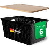 Novaliv 6er Set Aufbewahrungsboxen mit Holzdeckel Groß 14L Korb Schwarz in Rattan Design Lebensmittelecht Aufbewahrungskorb Stapelboxen Nestbar Ku...