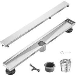 VEVOR 609 x 70 x 70 mm linearer Duschablauf, versetzt mit Flieseneinsatz, gebürsteter 304-Edelstahl, rechteckiger Duschbodenablauf, linearer Ablauf mit Nivellierfüßen, Haarsieb, silberfarben