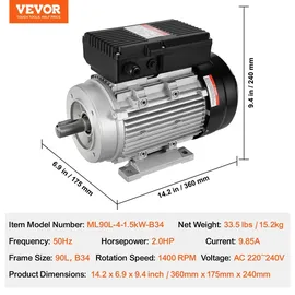 Vevor 1,5 kW Elektromotor 1400 U/min 90 l B34-Rahmen